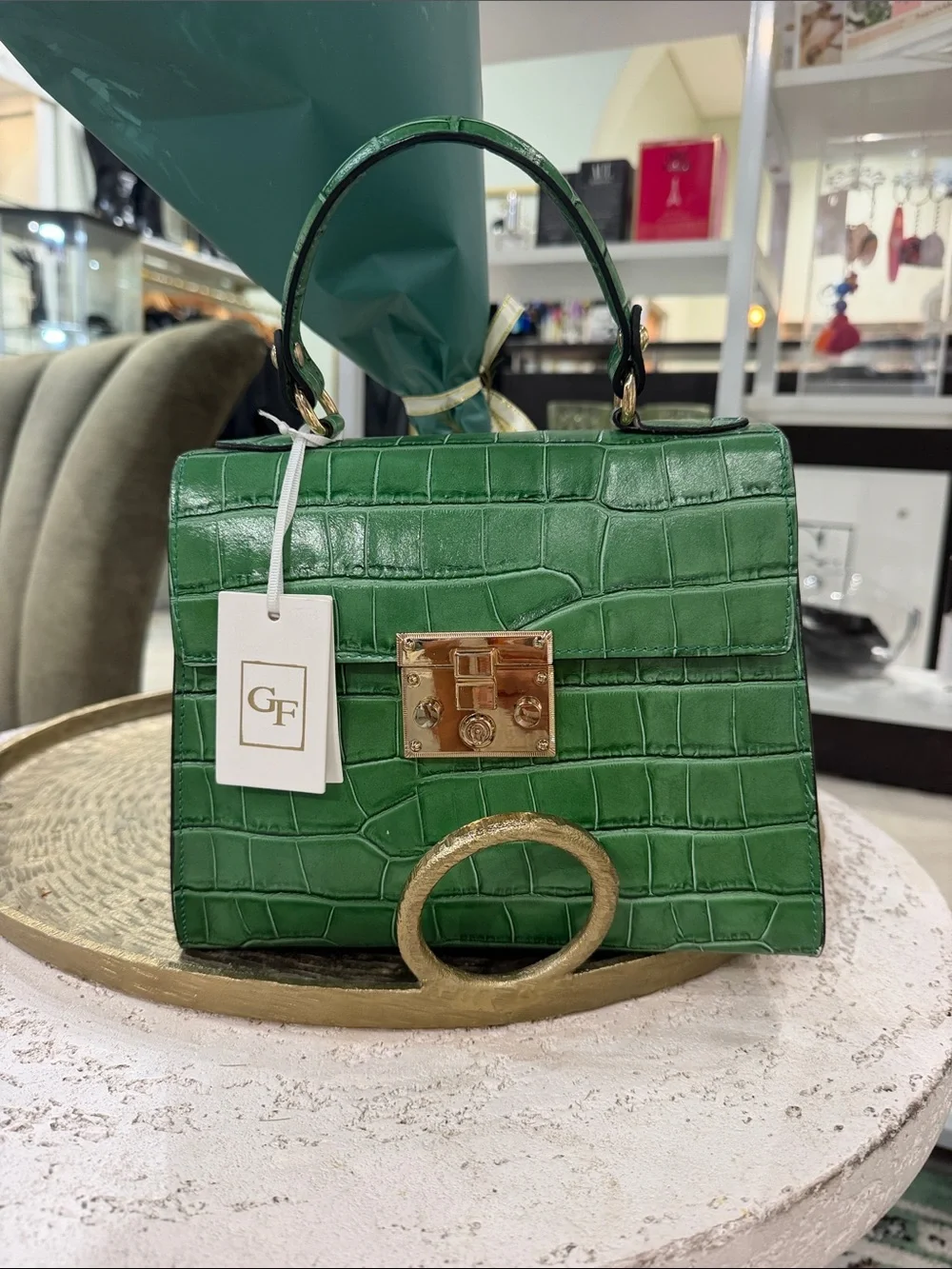 Green Croc-Embossed Top Handle Bag